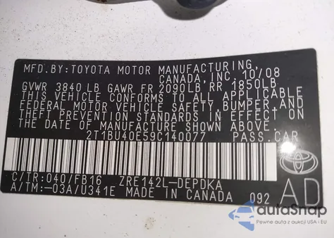 2009 Toyota Corolla Le from USA, damaged, VIN 2T1BU40E59C140077